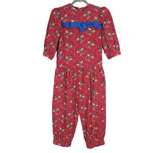 Vintage Casero's Red Corduroy Floral Romper Jumpsuit 100% Cotton, Girls Size 12